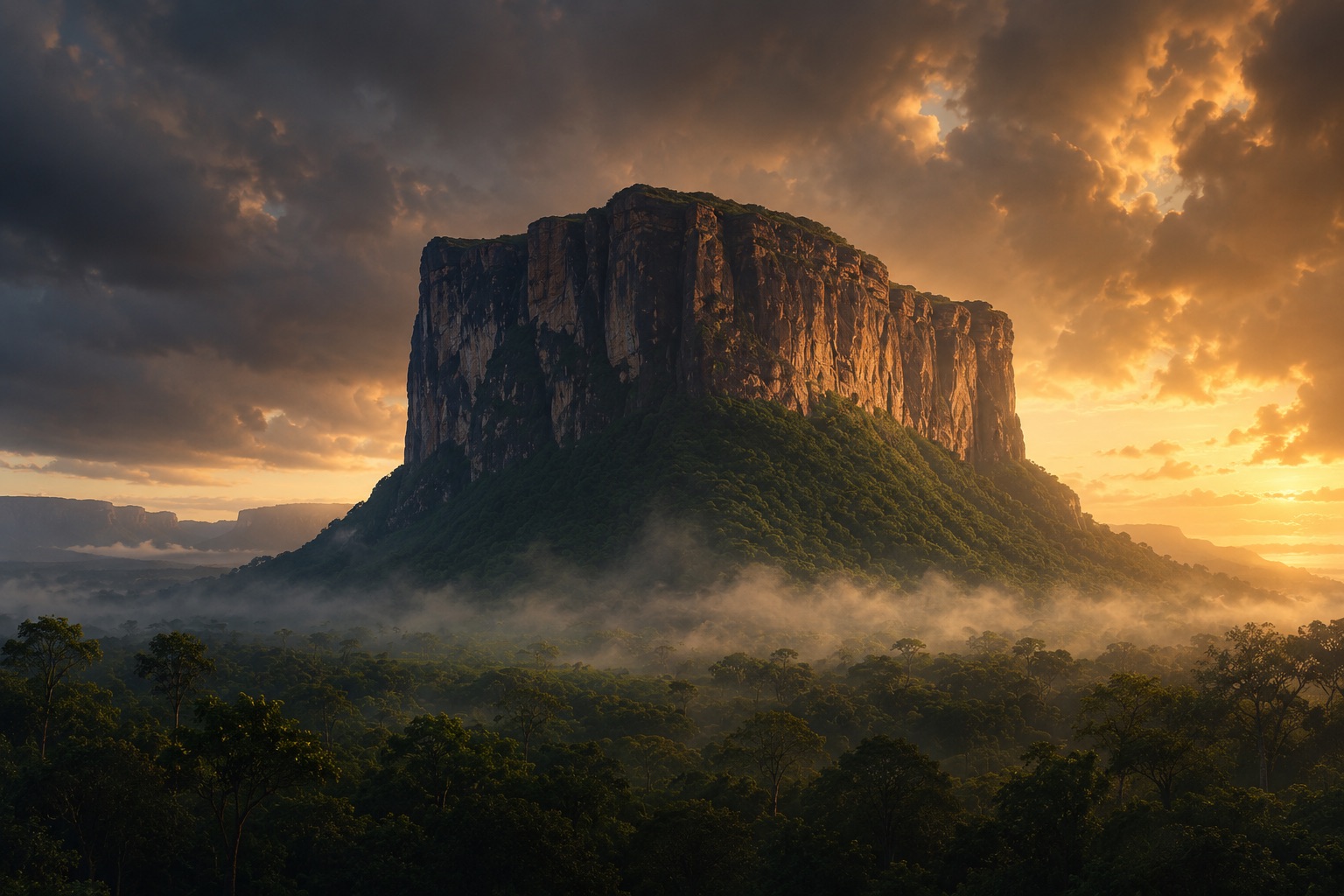 Tepui rising above the Venezuelan Amazon at golden hour