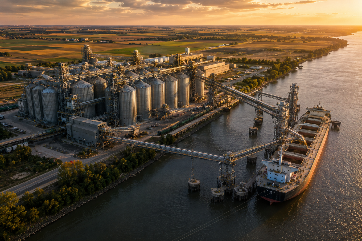 Aerial view of a commercial bulk-cargo port at golden hour