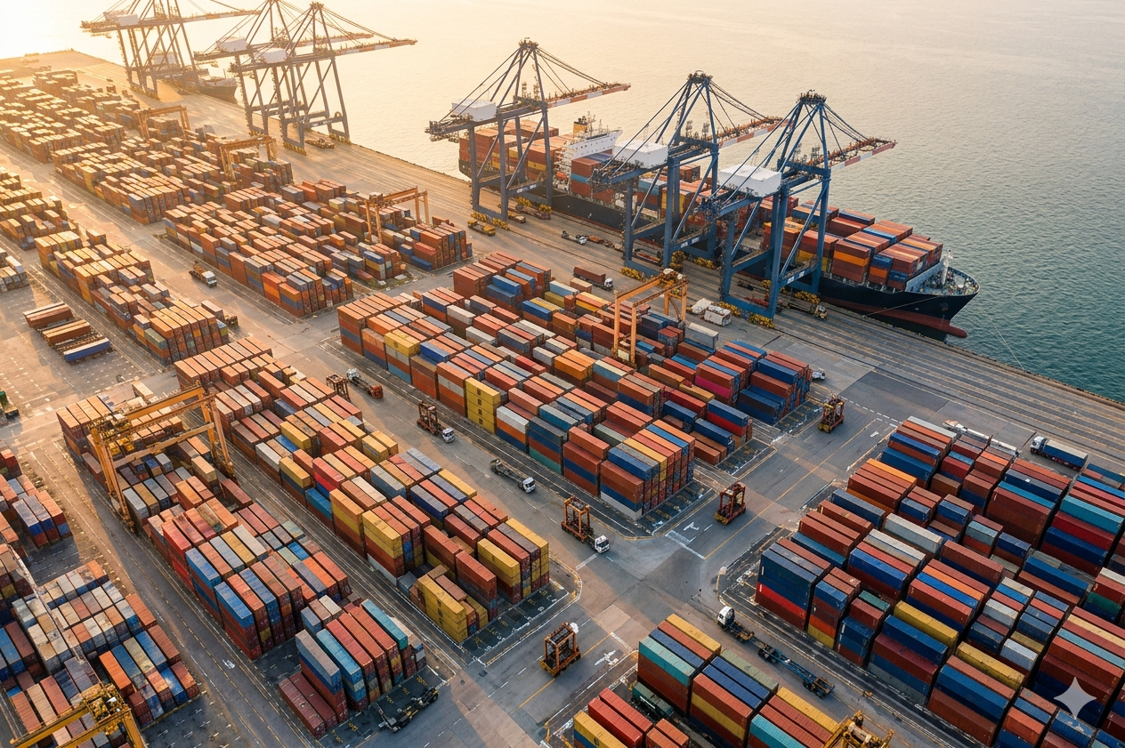 Shipping containers stacked at a busy port terminal