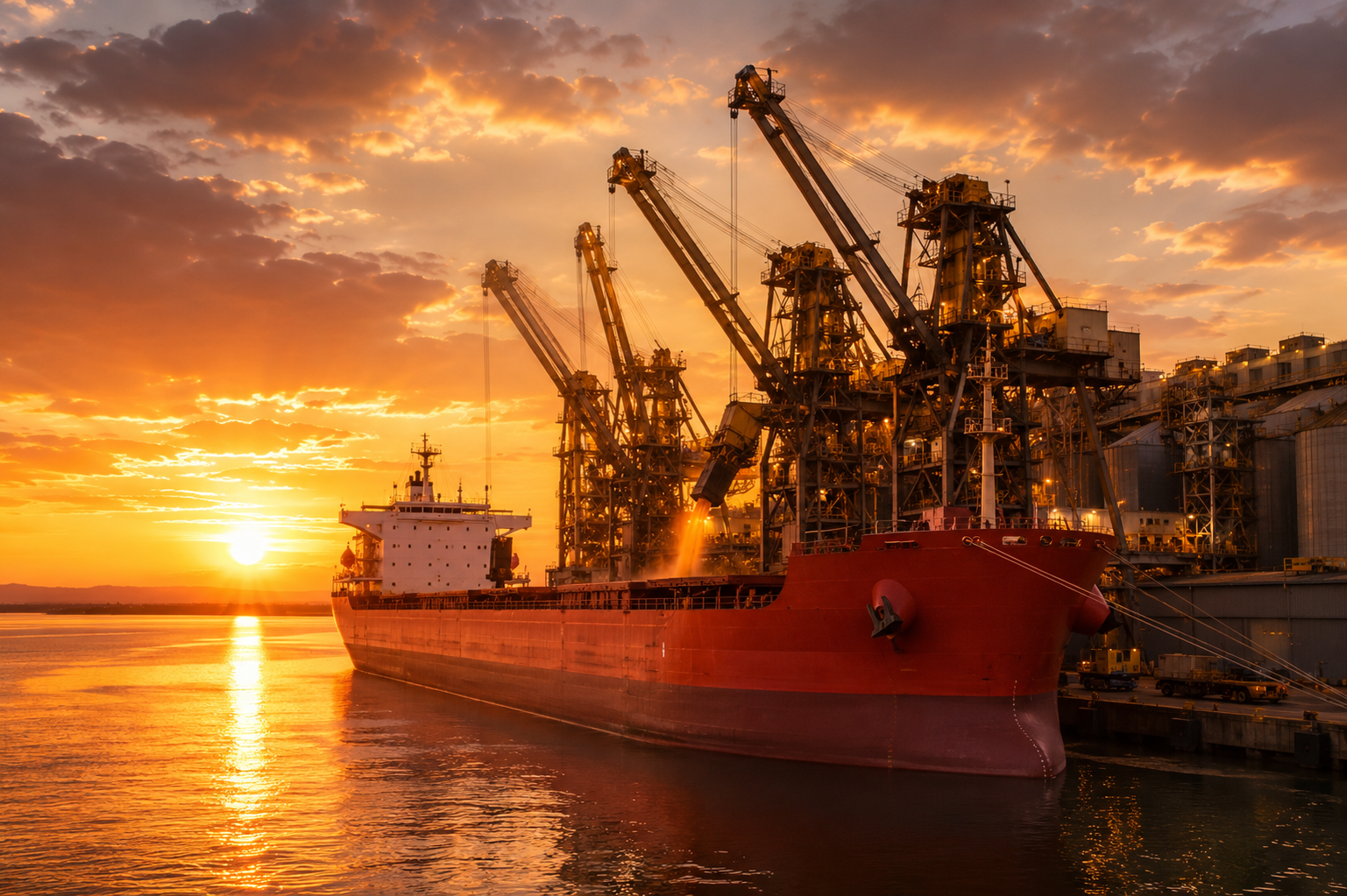 Cargo ship being loaded at port with cranes at sunset