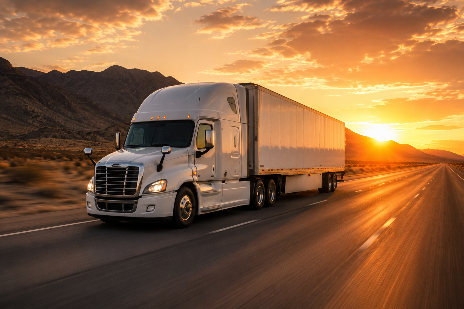 Freight truck transporting commodities on highway at sunset