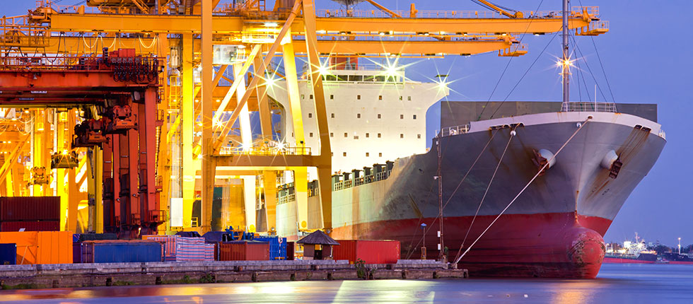 Bulk carrier docked beneath illuminated port cranes at dusk